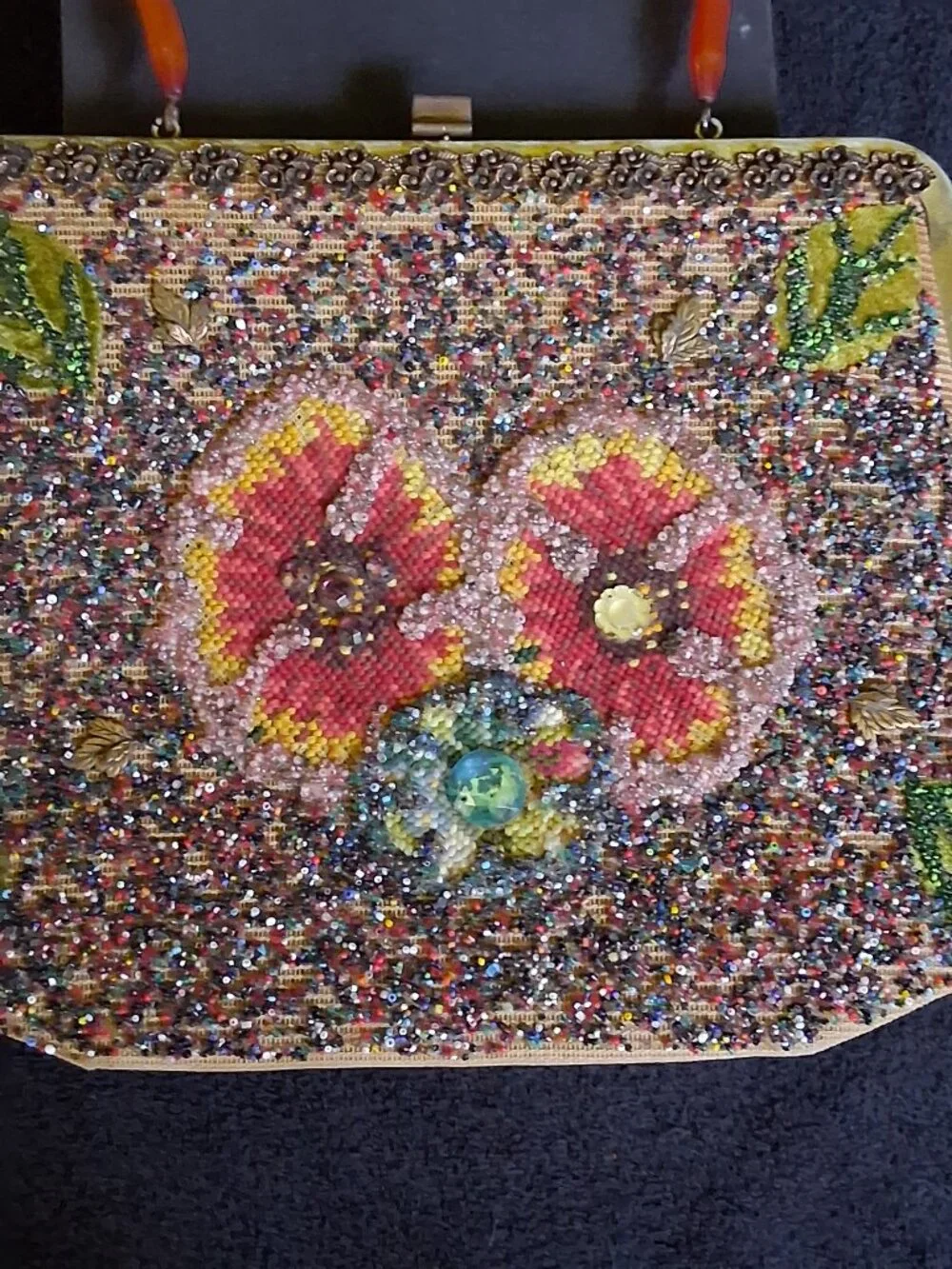 Vintage Soure of New York Beaded Floral Tapestry Handbag – Lucite Handle